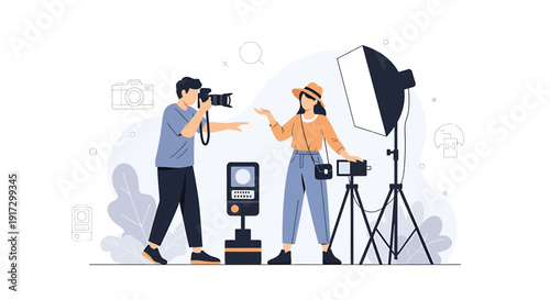 Photographer Capturing Model in Studio with Lighting Equipment