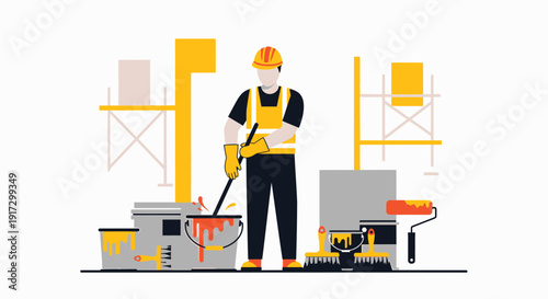 Painter mixing paint bucket with roller and brush, building site background