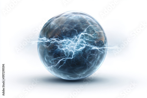 Electric sphere lightning energy glow power electricity plasma abstract white blue electric sphere with lightning energy glow power electricity