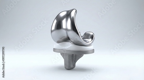 A highly polished, modern prosthetic knee implant made of metal and plastic, presented against a clean, neutral background.