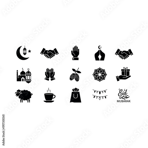 Eid Mubarak celebration icons with hands shaking and gifts on white background