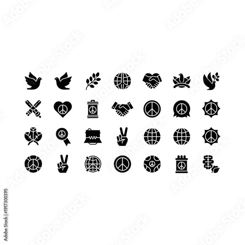 Peaceful icons of hands shaking, doves, and leaves symbolize global unity and harmony.