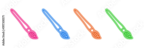 Neon glowing paint brush vector icons set, art, creativity, design, drawing, painting, vibrant colorful digital illustration on transparent background.