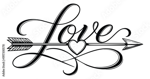 Calligraphic line art illustration of the word Love pierced by an arrow with a heart for romantic designs