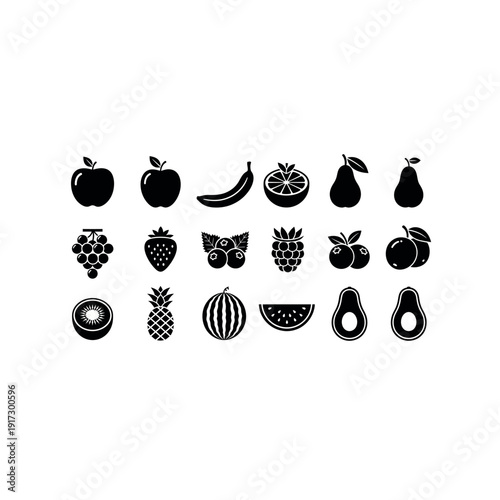 A vibrant illustration showcases various colorful fruit icons arranged neatly on a white background.