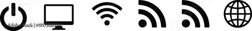 Minimalist black and white vector icon set featuring power button, computer monitor, wifi signal, RSS feed, and global internet web symbols for technology.