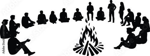 Group of Silhouetted People Sitting Around a Campfire in a Circular Formation silhouettes circle