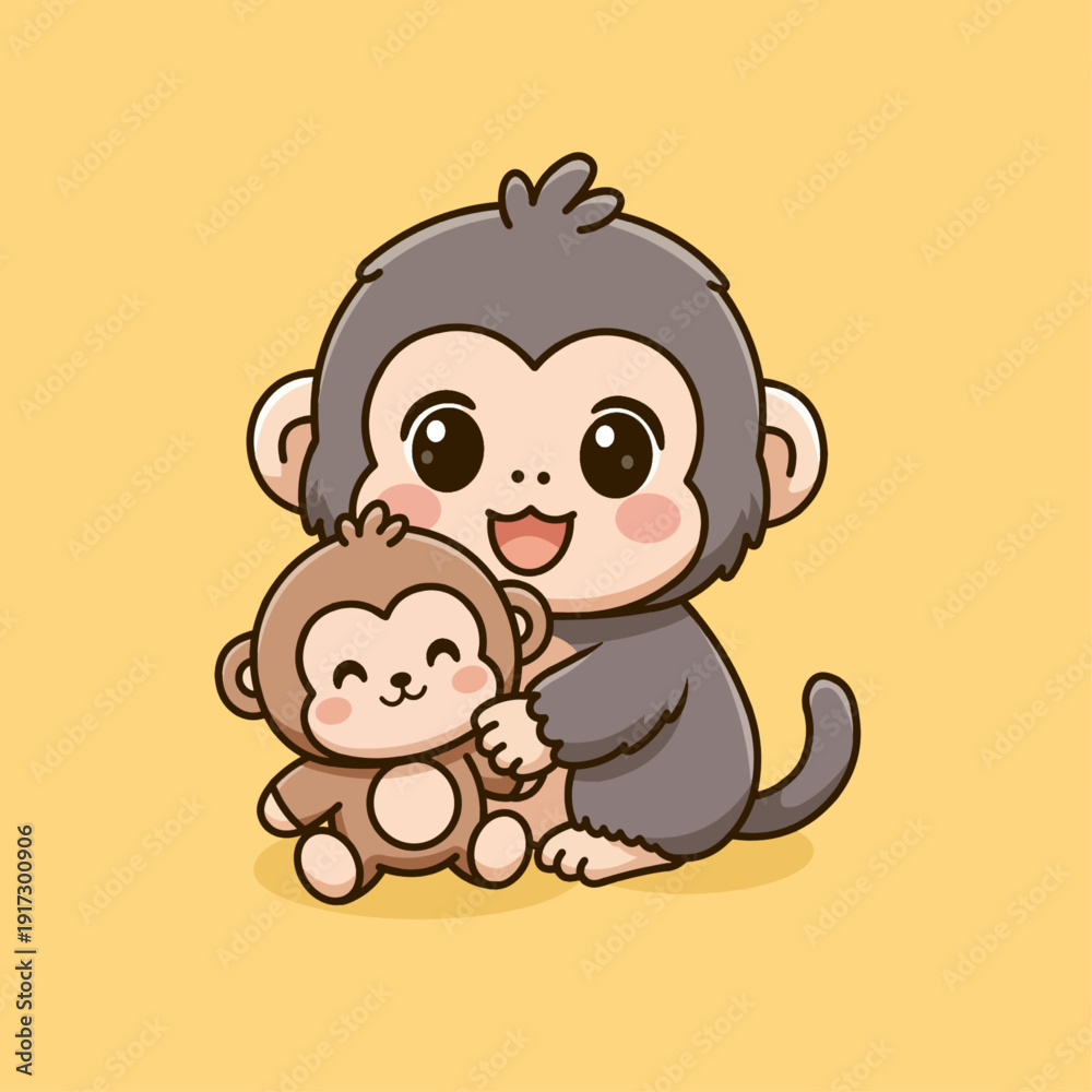 Fototapeta premium A cute vector illustration of a happy little monkey hugging a monkey doll with a warm and cheerful expression.
