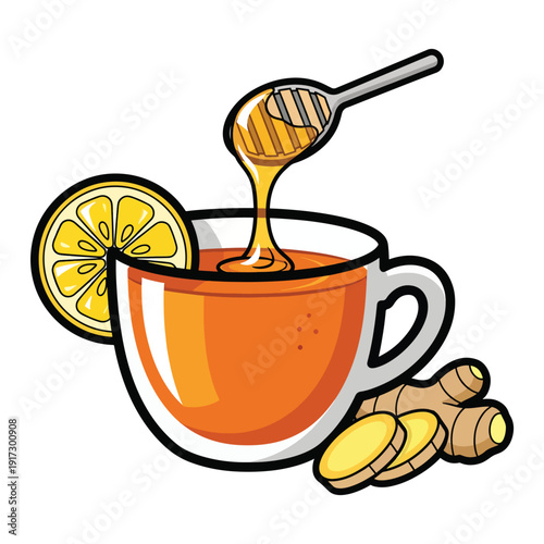 Honey being poured into a cup of tea with lemon and ginger roots nearby in a graphic illustration
