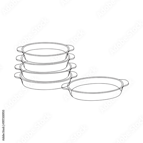 A stack of oval baking dishes with handles presented in a simple line drawing style