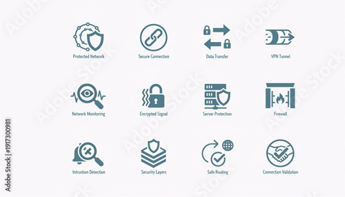 Vector icon set for network security, data protection, digital safety, and secure online operations