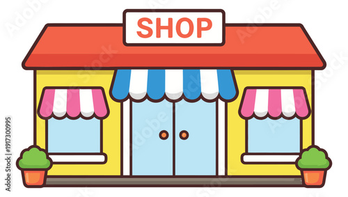 Flat cartoon illustration of a shop building depicting a prominent 'shop' sign and striped awnings for retail and small business concepts
