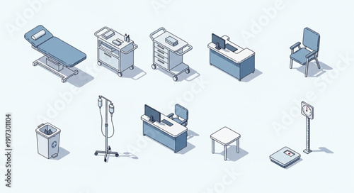 Collection of Medical Equipment and Furniture in Isometric View.