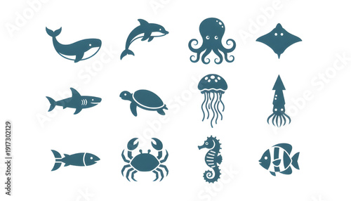 Stylized vector icons of diverse marine animals and sea creatures for various ocean-themed graphic design projects and digital interfaces