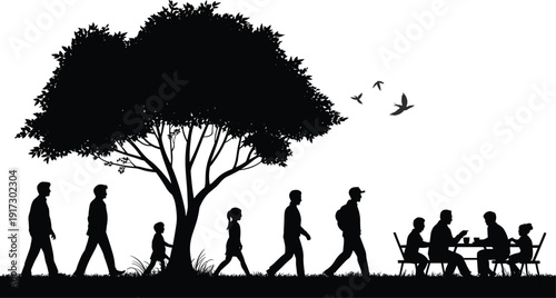 Black family silhouette walking under tree with children, group picnic table conversation outdoors, birds flying, nature lifestyle vector illustration scene.
