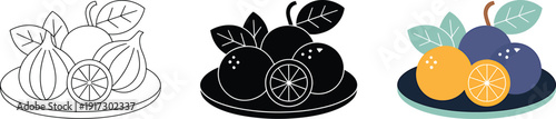 Bowl of fresh fruits in three different graphic styles including outline silhouette and color