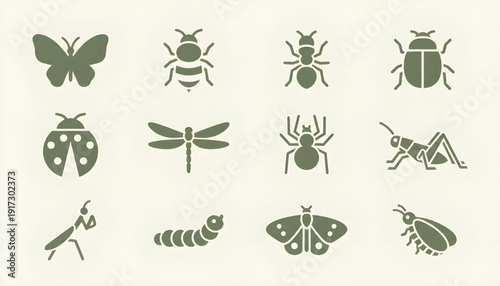 Diverse Collection of Stylized Insect Vector Icons Representing Various Common Bugs and Invertebrates