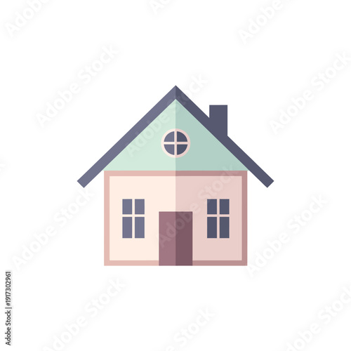 Illustration of a modern house with pastel colors and simple design elements, viewed from the front.