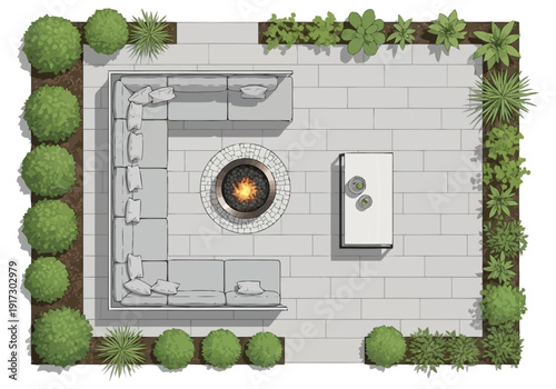 Modern Outdoor Living Space Feature Fire Pit Sectional Sofa And Coffee Table With Landscaping Design Overhead View furniture icons top view interior