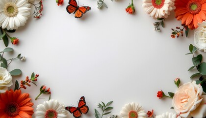 Vibrant floral border with butterflies on white background for spring designs