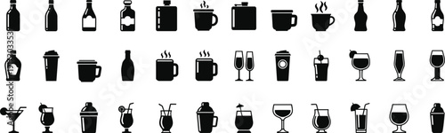 Kitchen utensils icon set including cooking tools, kitchenware, cutlery and food preparation symbols
