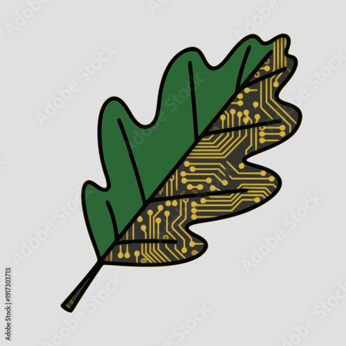 A stylized illustration of an oak leaf, half green and natural, half depicted as a golden circuit board, symbolizing the integration of nature and technology.