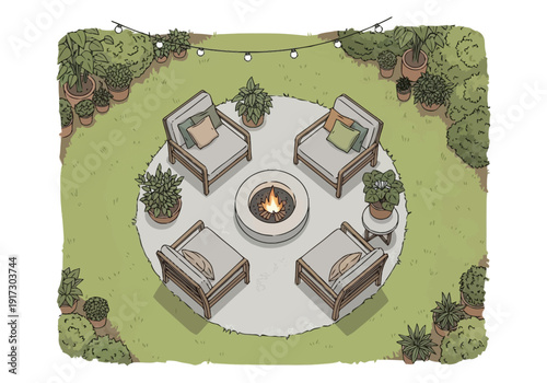 Cozy Outdoor Seating Area With Fire Pit And String Lights Surrounded By Lush Greenery Ideal For Relaxation And Gatherings furniture icons top view