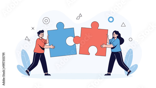 Collaborative team members work together to join two large puzzle pieces signifying cooperation and the successful completion of a joint project.