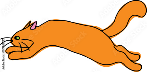 A cute funny ginger cat jumps stretched out, side view, drawn with crooked grunge lines