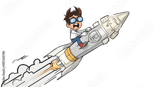 cartoon illustration of a cheerful boy wearing goggles riding a launching rocket, symbolizing ambition, innovation, and adventurous spirit.