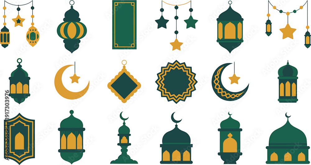 Naklejka premium Ramadan lantern and crescent moon flat icons set with islamic ornaments for holiday decoration