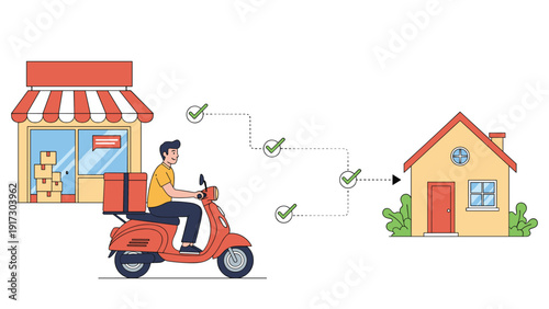 Courier on a red scooter travels from a small storefront to a residential house to show the process of local home delivery services.
