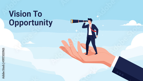 Determined businessman stands on a large supportive hand while using a telescope to look toward the horizon for new business opportunities.
