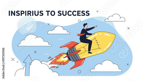 Motivated businessman rides a powerful lightbulb-shaped rocket through the blue sky to symbolize innovation and an inspiring journey to success.