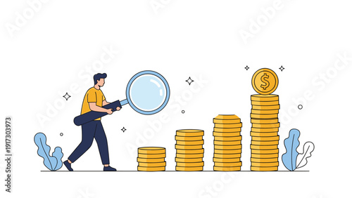 Analytical professional carrying a large magnifying glass walks toward rising stacks of gold coins to inspect financial growth and investment.