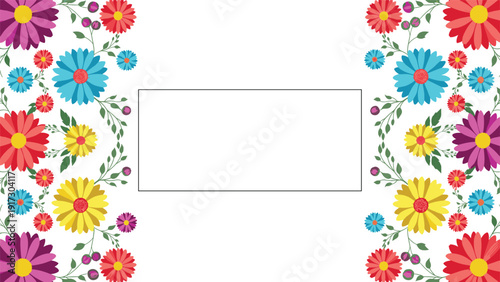 Beautiful floral border features two symmetrical columns of vibrant multi-colored flowers and green leaves on a clean white background.