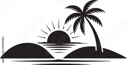 Tropical island paradise silhouette with palm tree and Sun. Art icon drawing vector