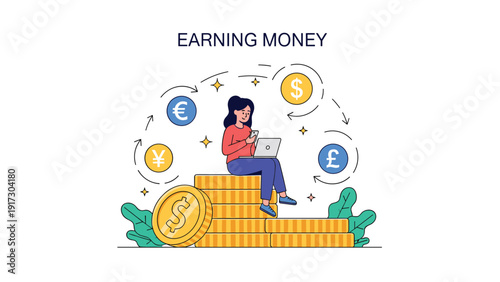 Young woman sitting on stacks of gold coins using laptop for remote work or online trading to earn money in various international currencies.