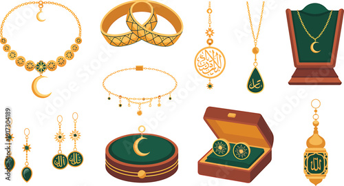 Set of gold ramadan jewelry and accessories, islamic crescent and star with arabic calligraphy