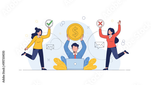 Man working on laptop while holding large coin as two women display checkmark and cross signs for financial decision making or voting.