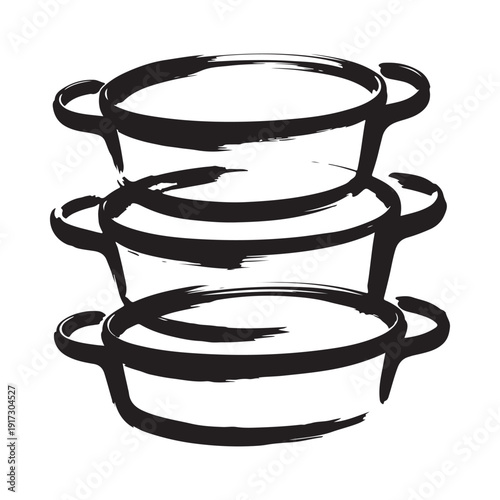A stack of four black roughly drawn circular pots with handles presented simply
