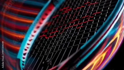 Close-up of a tennis racket with blurred colorful light streaks, dynamic motion