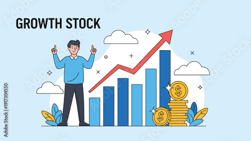 Professional man standing next to rising bar chart with stacks of gold coins and upward arrow to represent growth stock and profitable investment.