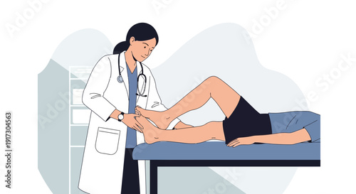 Doctor examines patient's feet on examination table, medical check-up illustration