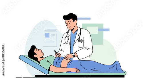 Doctor examining patient's abdomen on examination table, medical check-up illustration