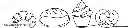 Bakery products drawn in one line. Food sketch. Continuous line drawing art. one line Art icon drawing vector