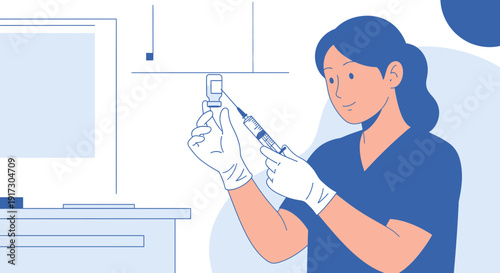 Nurse preparing injection from vial with syringe, medical procedure, healthcare concept