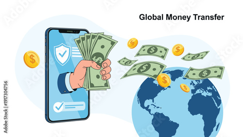 Hand holding stack of cash coming out of smartphone screen towards globe to represent efficient international global money transfer service.