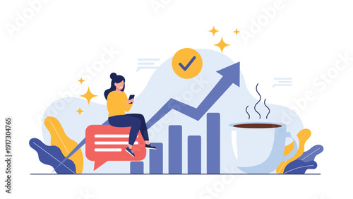Professional woman sitting on large chat bubble working on laptop next to rising bar chart and hot coffee representing productive business morning.