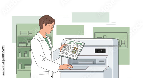 Scientist reviews data near refrigerator in a lab